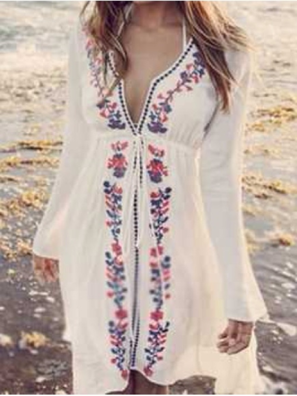 lovestitch White High-Low Embroidered Floral Dress with Red and Navy Accents - Picture 5 of 5